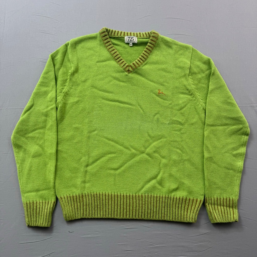 725 Originals Mens V-Neck Sweater Lime Green Brown Trim Deer Logo Size M